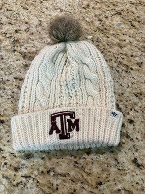 47 Texas A&M Embroidered Cable Knit Skull Cap Beanie Winter Hat Faux Fur PomPom